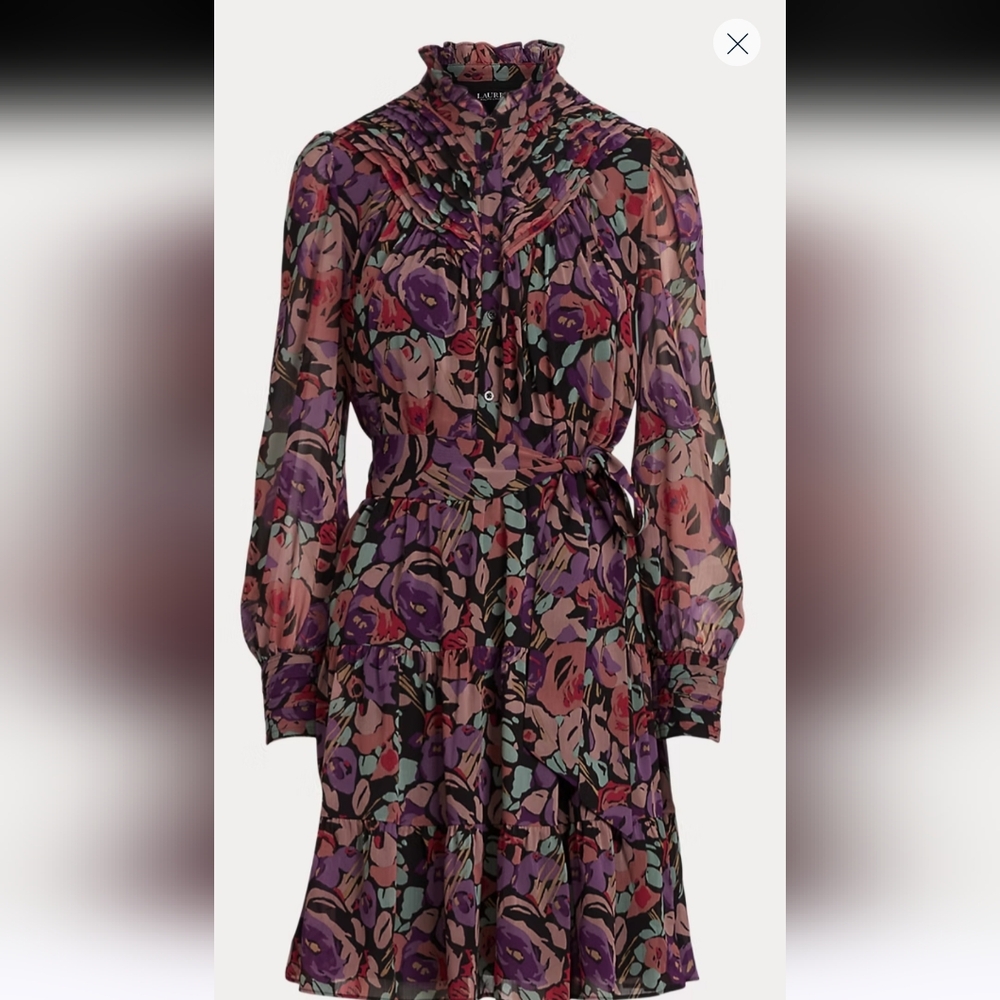Lrl Lauren Ralph Lauren Purple Black  Crepe Ruffle Long Sleeve Dress 2 new
